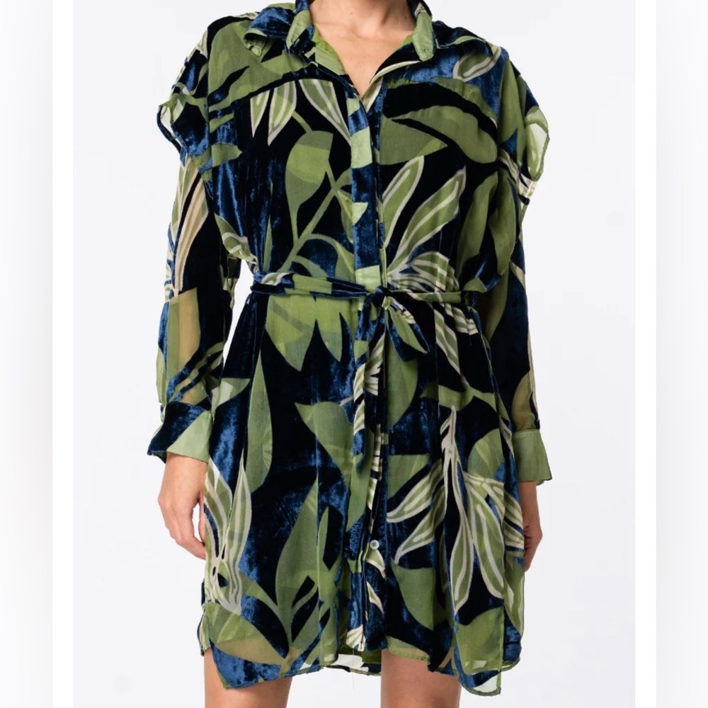 CIEBON green Blue Velvet belted mini shirt dress Size XS Long Sleeves Button Up